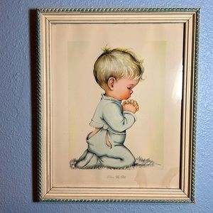 Vintage Charlot Byi framed print of a little boy praying “Bless Us All”